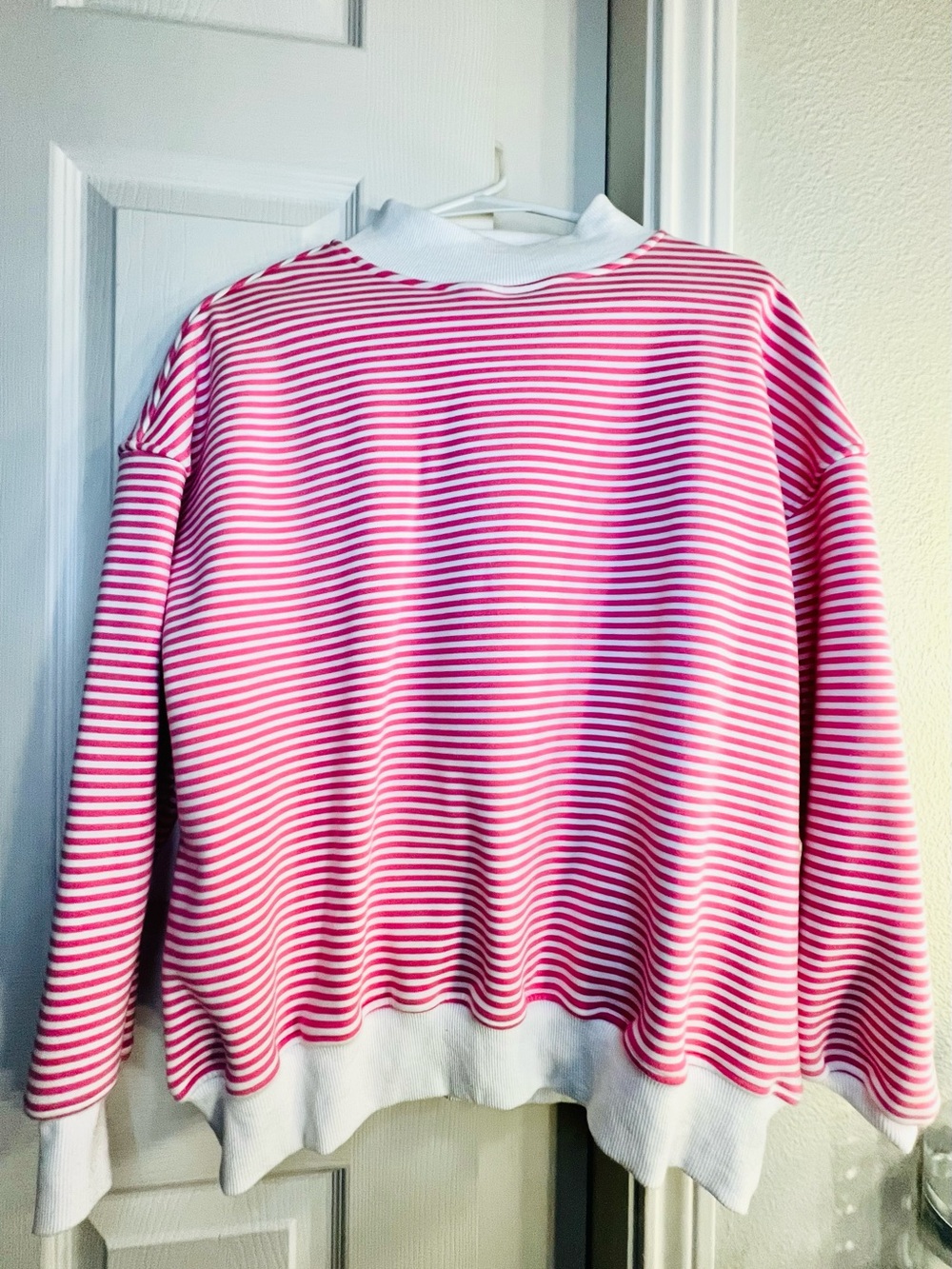 Striped Pink and White Crewneck Sweater - Classic Casual